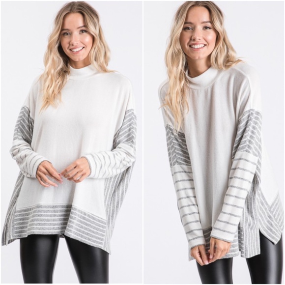 Cozy Striped Color Block Mock neck Poncho Sweater Top - Picture 1 of 5